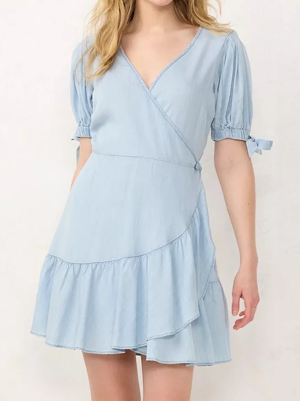 LC Lauren Conrad Pale Blue Wrap-Style Midi Dress - Picture 3 of 15